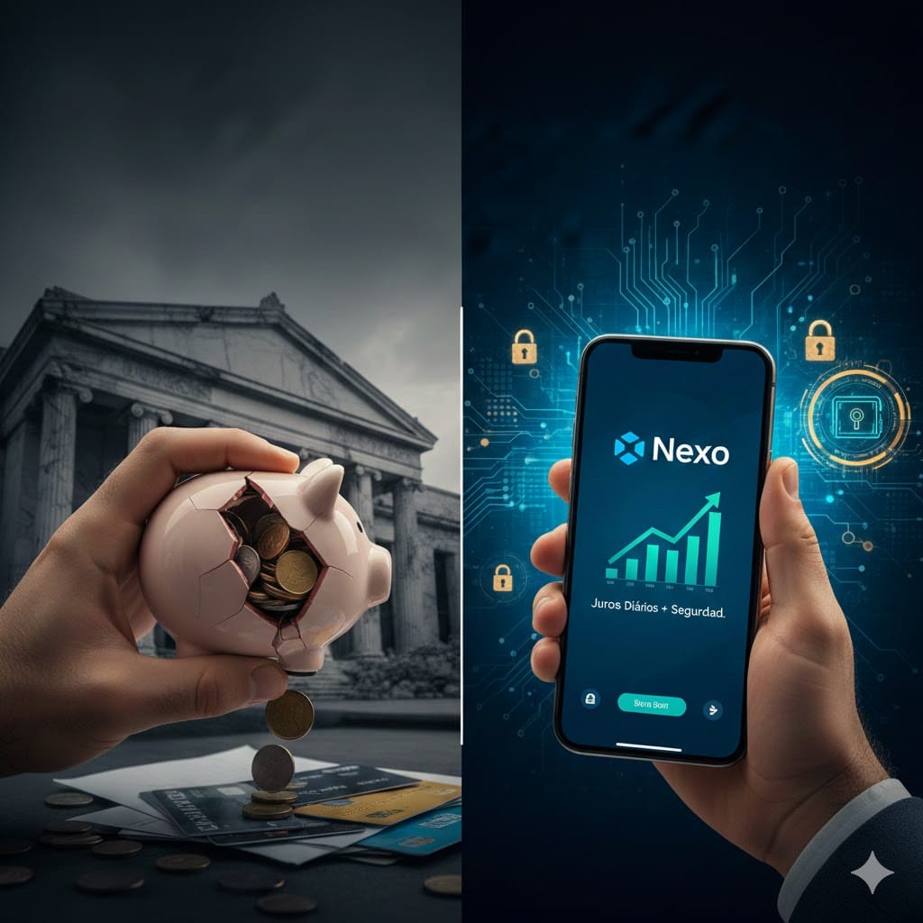 Imagem conceitual dividida ao meio comparando um banco tradicional antigo com um cofrinho quebrado e cartões de crédito espalhados
