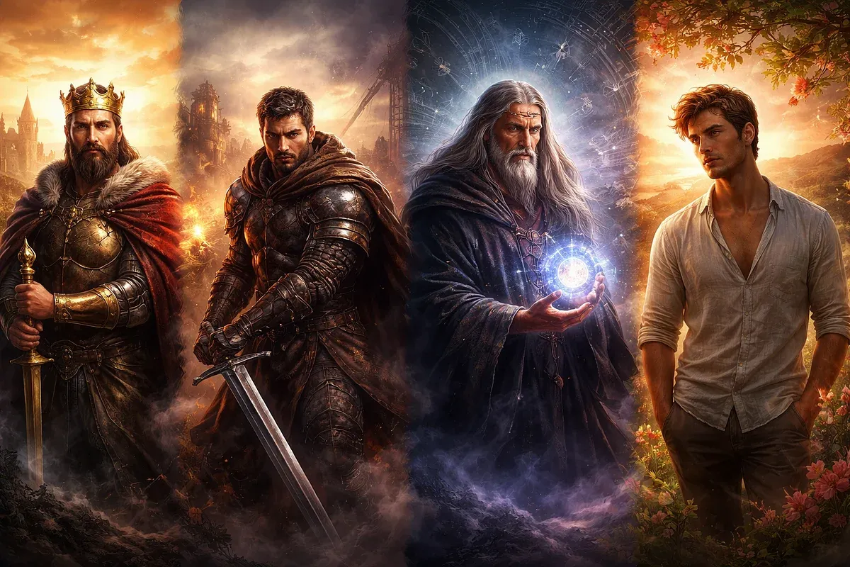 Illustration showing four masculine archetypes represented as different figures in a landscape
