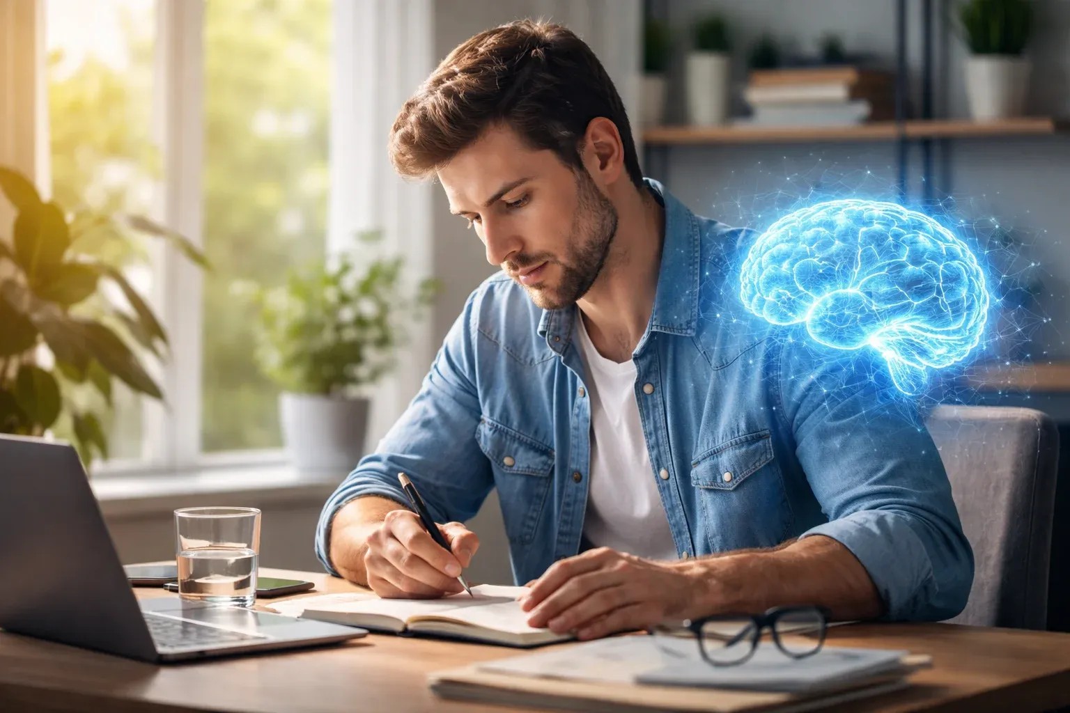 Homem concentrado escrevendo em um caderno ao lado de um laptop disciplina e neurociência aplicada ao desenvolvimento pessoal.