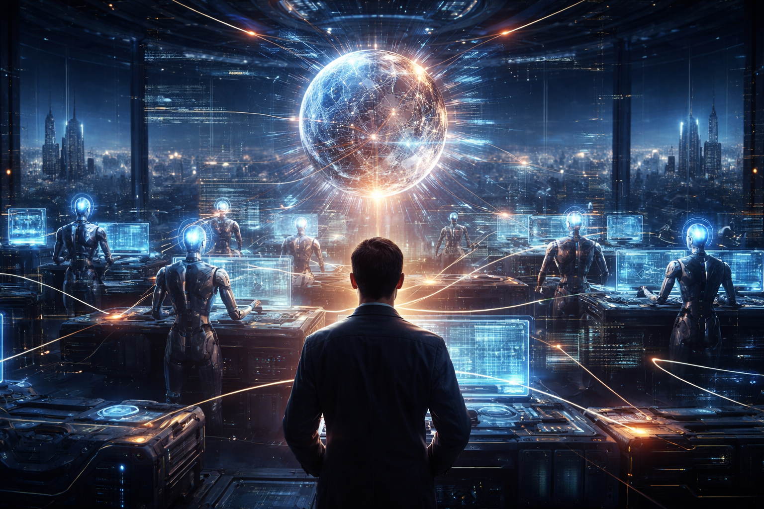 Futuristic control room where a human supervisor observes autonomous AI agents connected to a glowing digital core above a city.