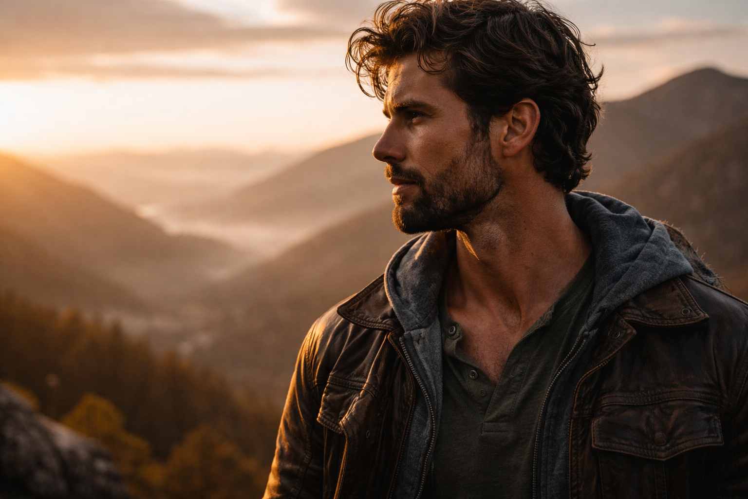 Homem contemplando a paisagem ao pôr do sol representando o arquétipo do amante masculino, presença emocional, conexão interior e vitalidade.