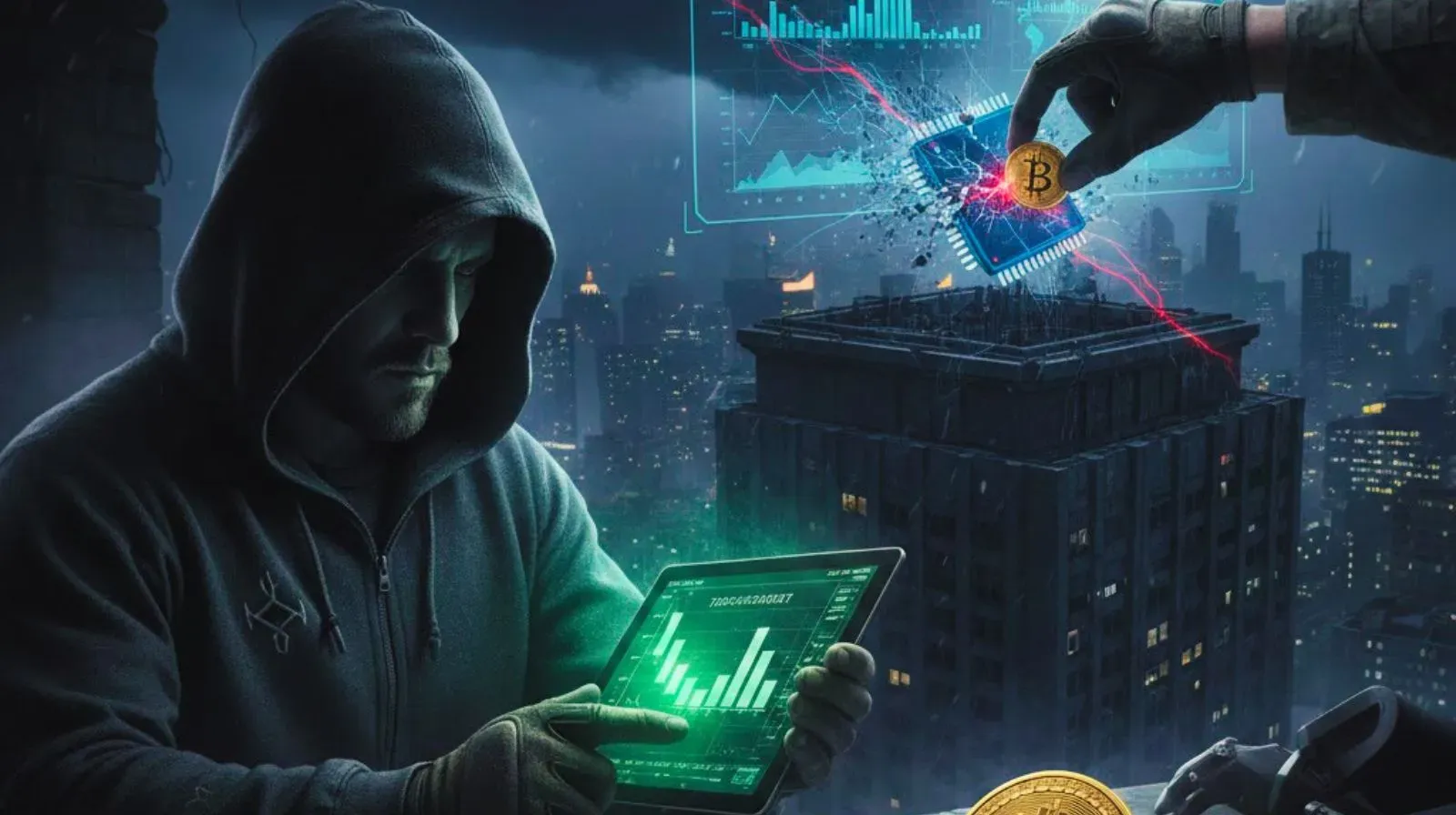 A mysterious hooded figure monitoring global financial markets on a digital tablet in a dark city, surrounded by 'Top Secret' Pentagon documents.