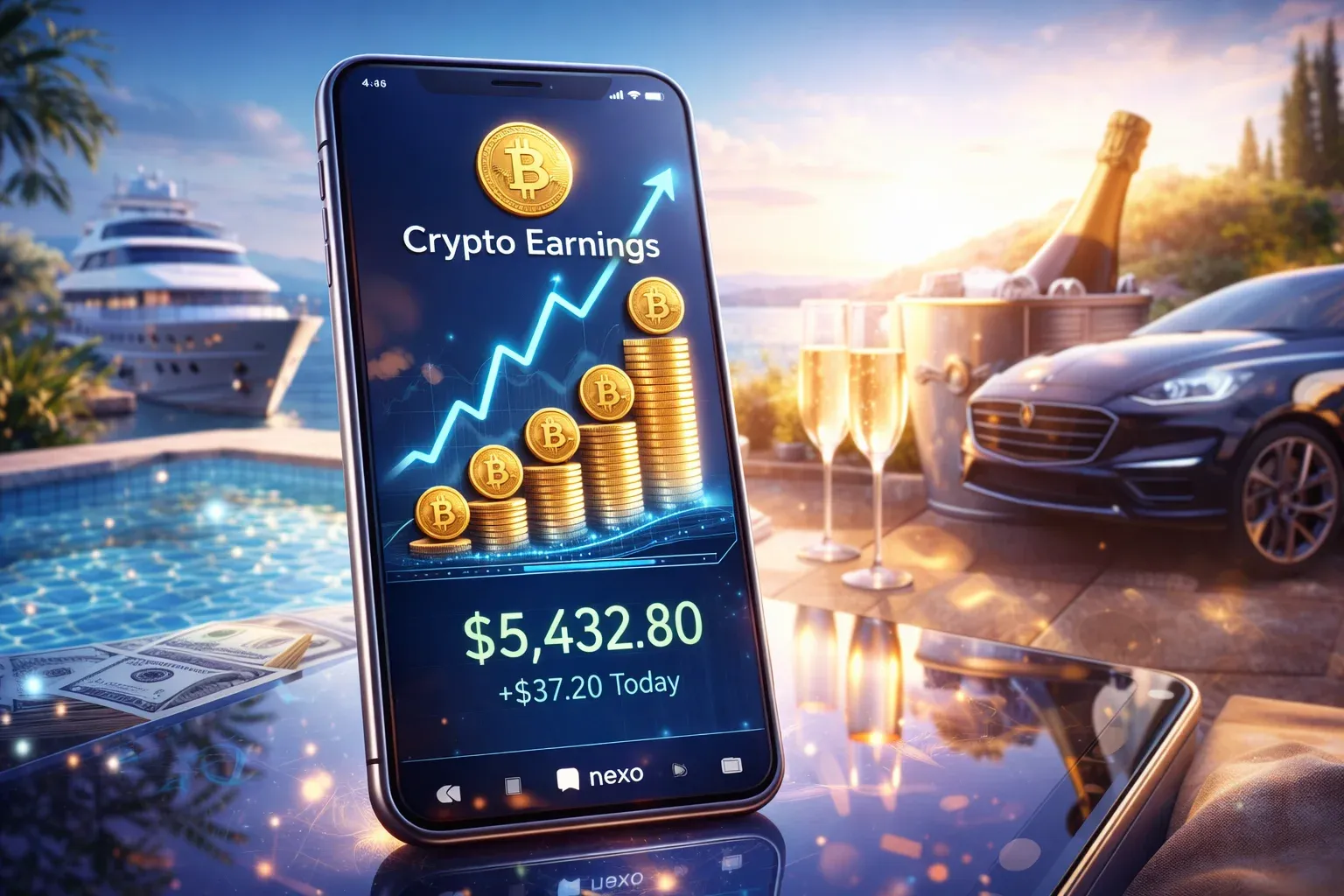 Smartphone displaying rising crypto earnings on Nexo surrounded by luxury lifestyle elements like yacht, champagne, and sports car, representing passive income in 2026.