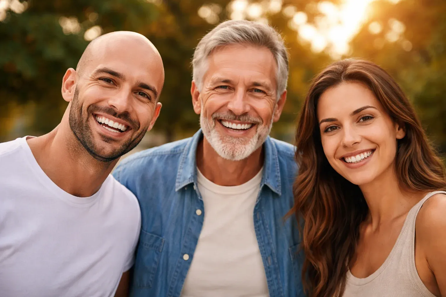 Grupo de pessoas sorrindo ao ar livre, incluindo homem calvo, homem grisalho e mulher jovem, representando diversidade e aceitação da calvície.