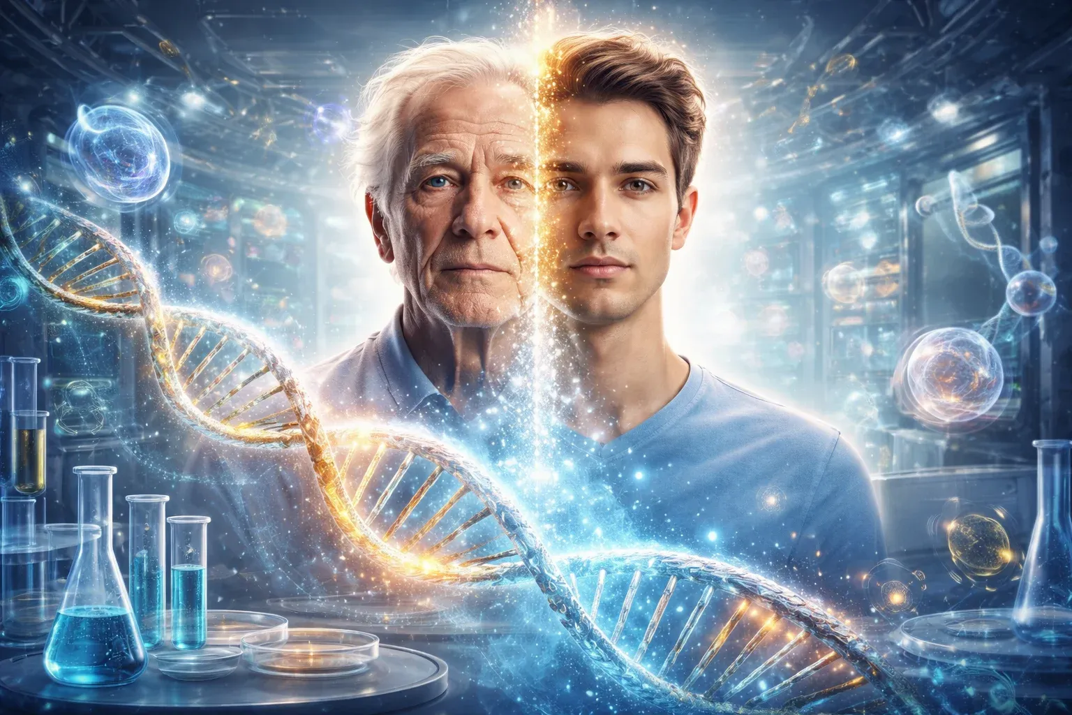 Futuristic illustration representing the science of immortality, showing the transformation from an elderly man to a young man with a glowing DNA helix in a high-tech laboratory.