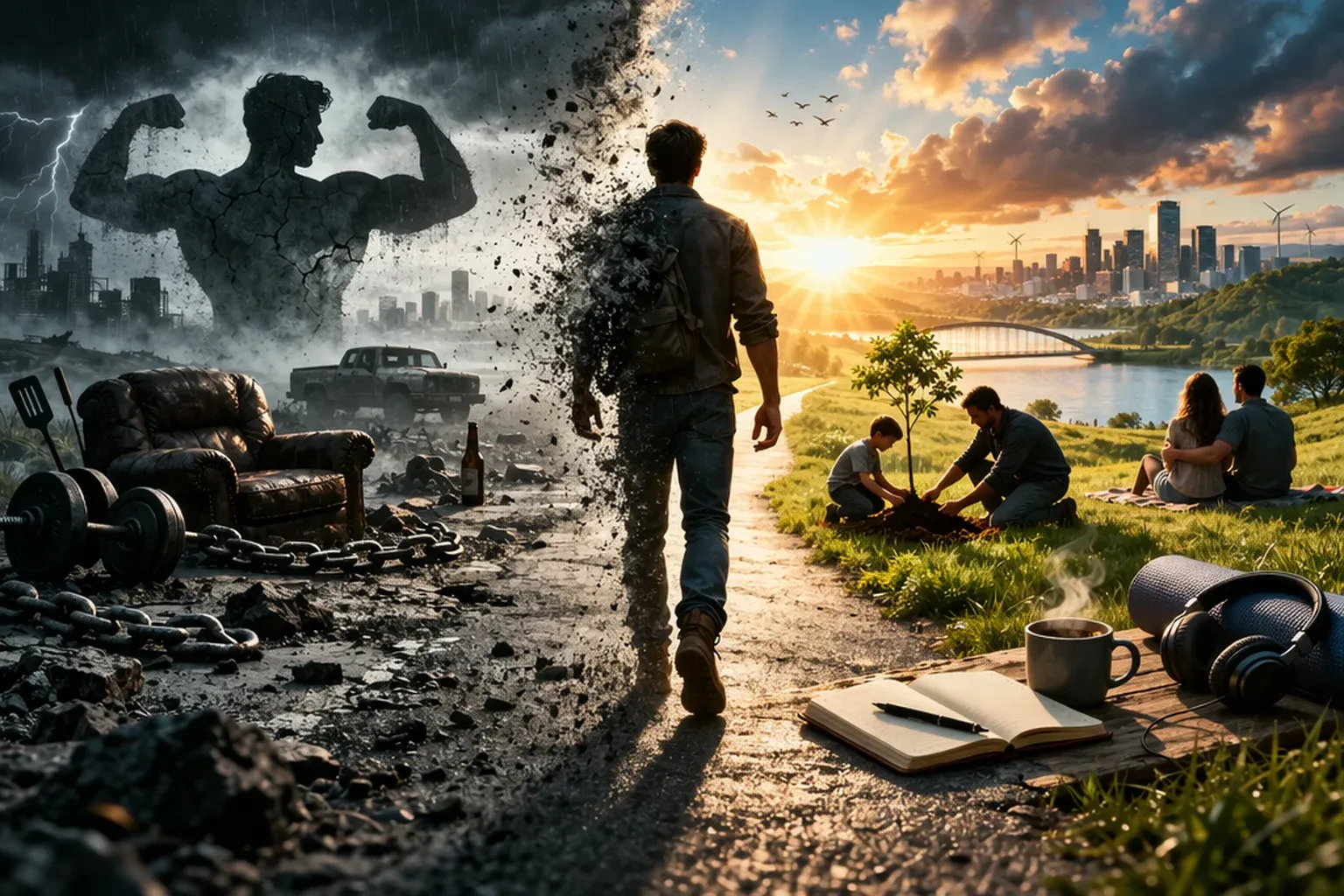 Split landscape showing a rugged mountain silhouette on one side and a modern city skyline on the other, symbolizing the evolution of masculinity.