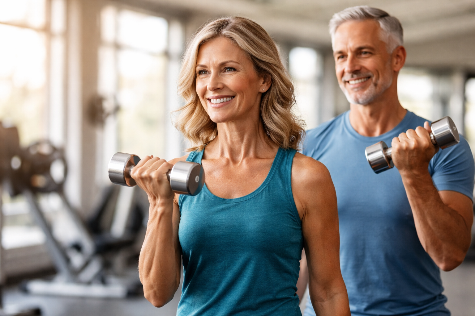 Casal maduro treinando musculação com halteres em uma academia iluminada, demonstrando força, vitalidade e estilo de vida saudável na maturidade.