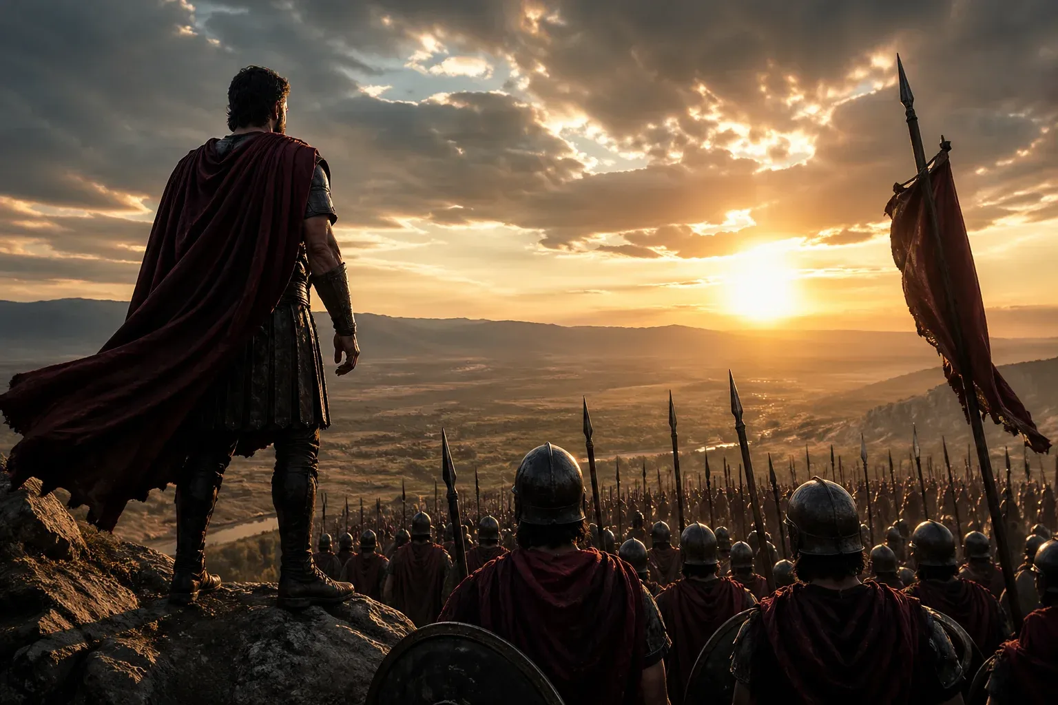 A lone cloaked leader stands on a rocky hill at sunrise overlooking a vast army of armored soldiers holding spears and shields across a valley.