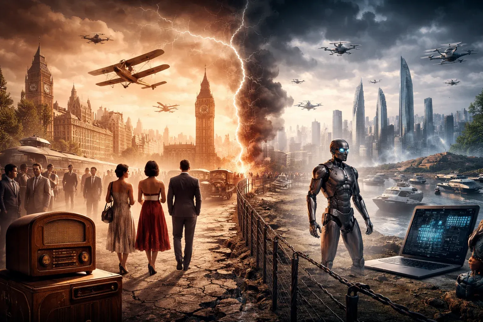 Split landscape contrasting 1920s city life with radios and biplanes against a futuristic skyline with drones, robots, and storm clouds dividing the scene.