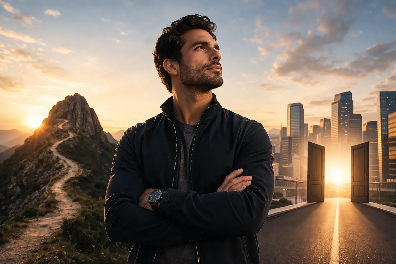 Homem visto de costas em um ponto alto, observando o horizonte de uma cidade ao pôr do sol, com luz dourada iluminando o cenário e transmitindo sensação de confiança e contemplação.