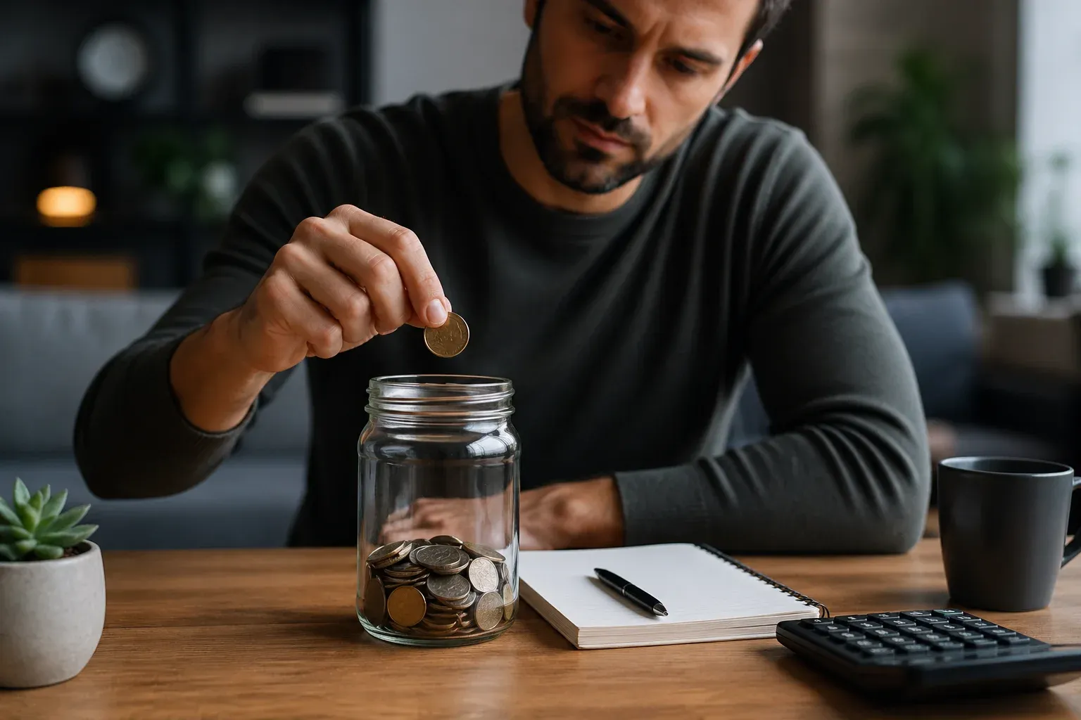 Homem colocando moedas em um pote de vidro sobre a mesa, com caderno e calculadora ao lado, simbolizando planejamento financeiro e reserva de emergência.