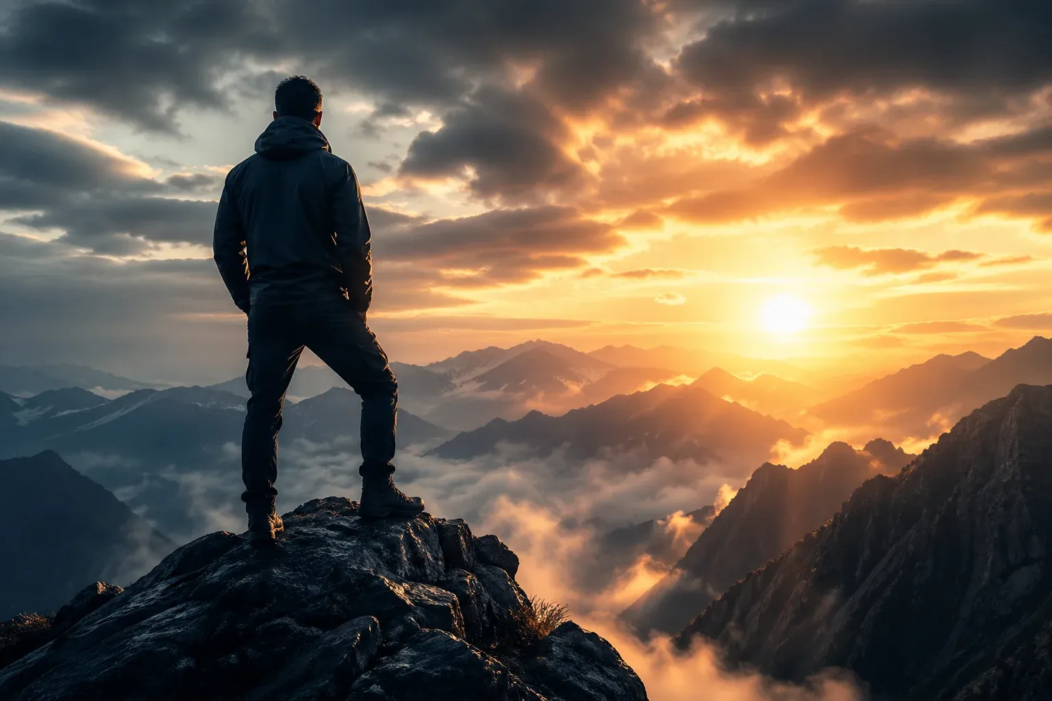 Homem em silhueta no topo de uma montanha rochosa ao nascer do sol, observando um vale coberto por nuvens e picos iluminados.