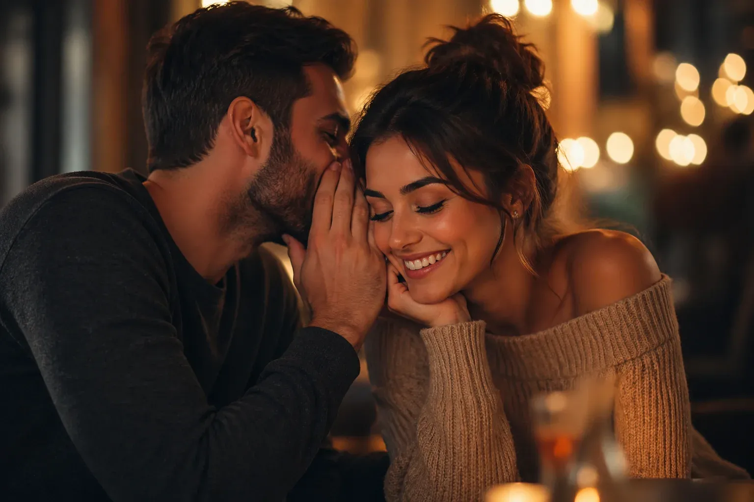 Hombre susurrando al oído de una mujer sonriente en un ambiente cálido y tenue, con luces desenfocadas al fondo que crean una atmósfera íntima y romántica.
