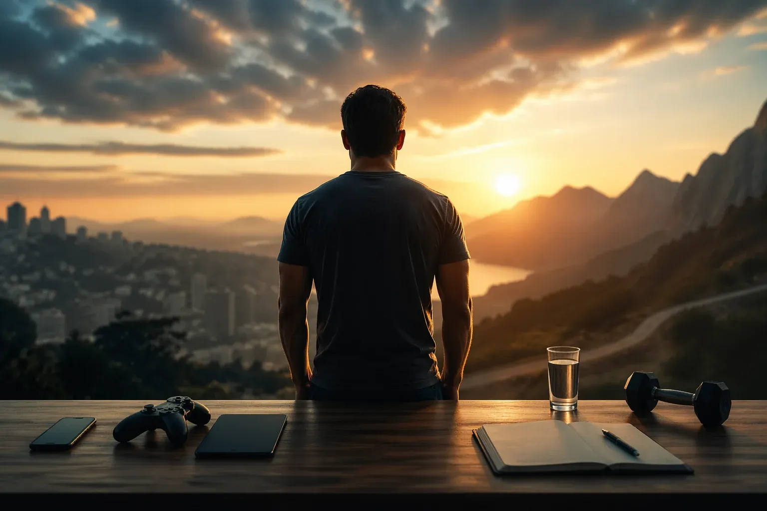 Homem de costas diante de um pôr do sol nas montanhas, com mesa à frente contendo celular, controle, caderno, halter e copo d’água, simbolizando foco e disciplina.