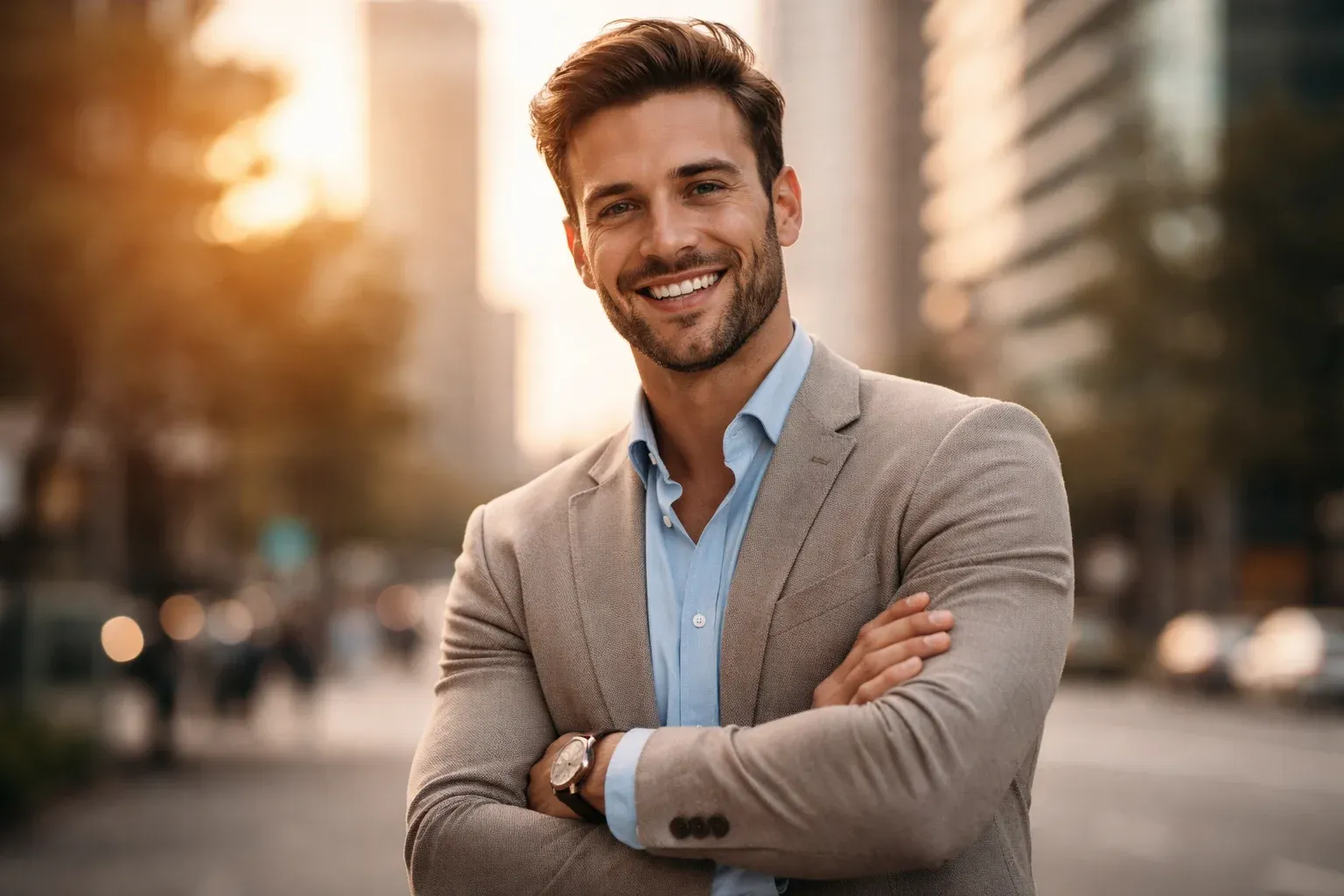 Uomo sorridente ed elegante in giacca beige in una città al tramonto, con postura sicura e sguardo diretto che trasmette fiducia.