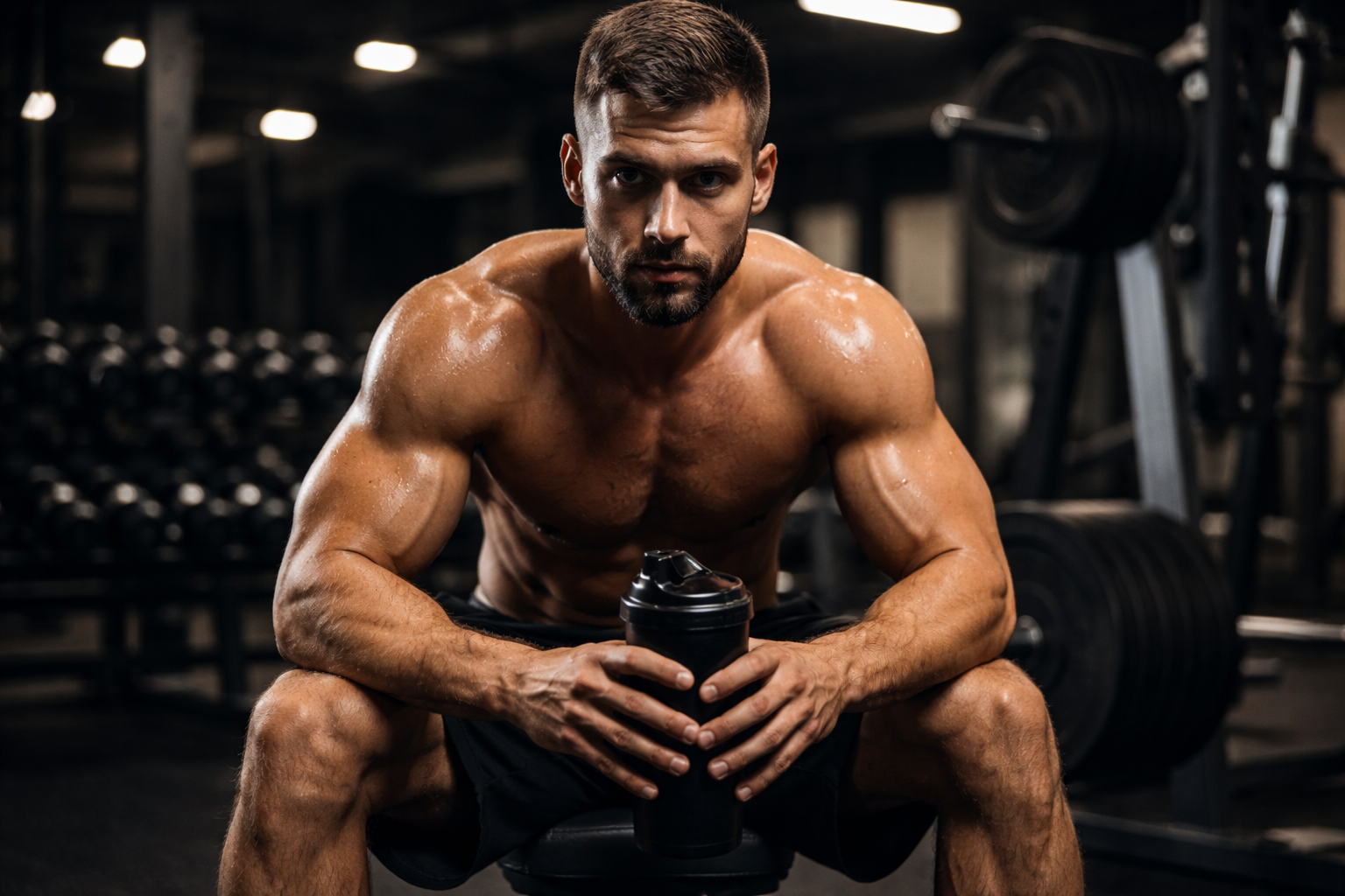 Homem musculoso e suado sentado em banco de academia, segurando uma coqueteleira após treino intenso, em ambiente escuro e focado.