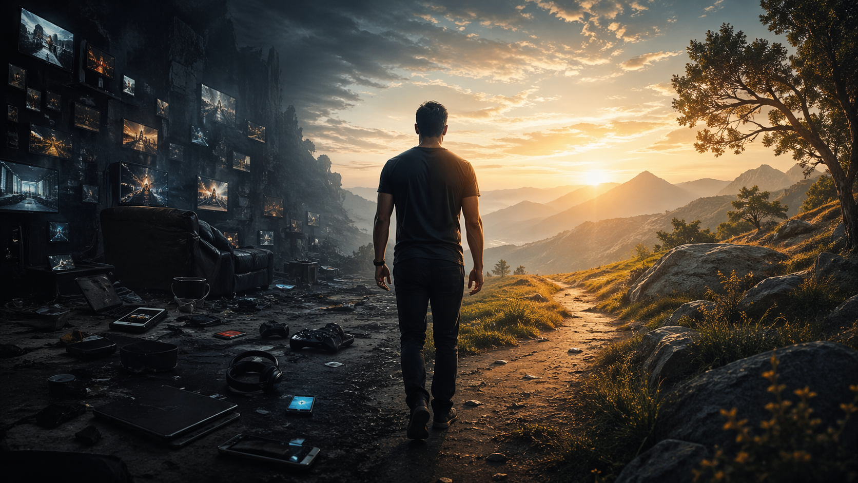 A man walks from a dark, cluttered room filled with screens and devices toward a bright mountain path at sunrise, symbolizing escape from digital overload.