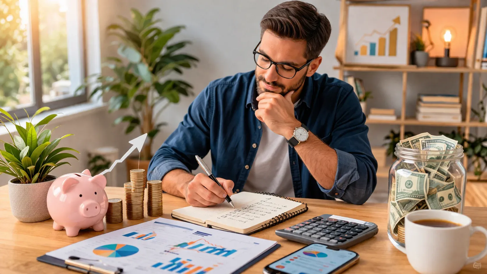 Desk scene with coins, a jar plant, calculator, notebook, smartphone charts, coffee cup, and a wooden house symbolizing personal finance planning.