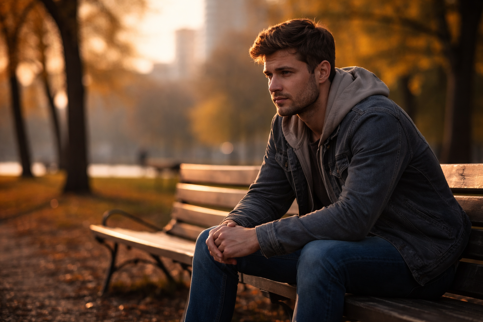 Thoughtful young man sitting alone on a park bench at sunset, reflecting quietly in an autumn setting.
