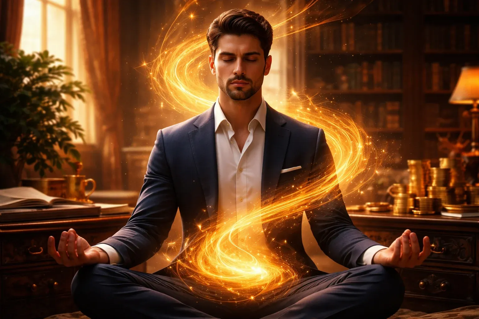 Homem de terno meditando em um escritório elegante enquanto uma energia dourada em espiral surge do abdômen, simbolizando foco, disciplina e prosperidade.