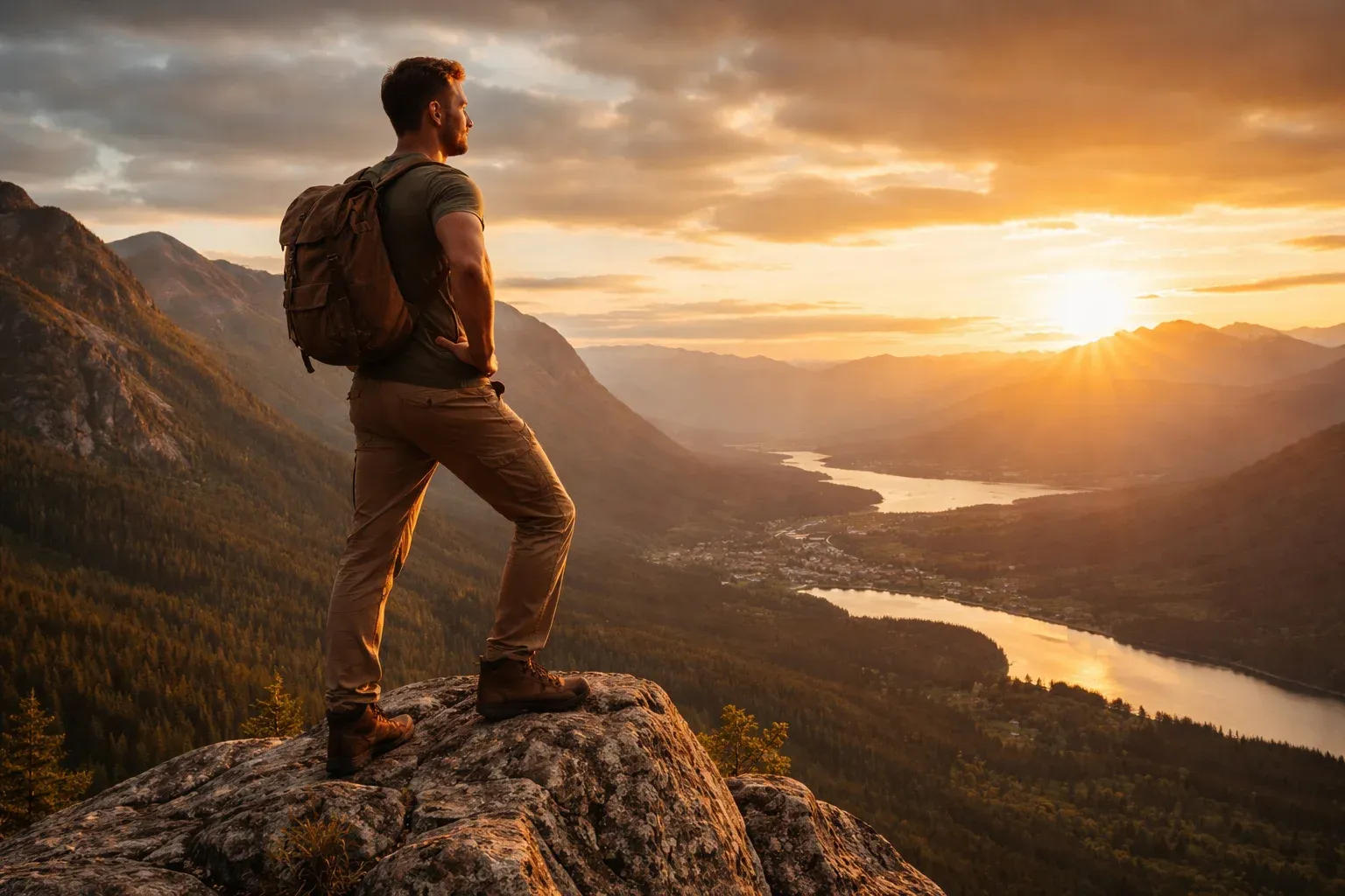 Uomo in piedi su una vetta rocciosa al tramonto che osserva una valle con fiume e montagne illuminate dalla luce dorata.