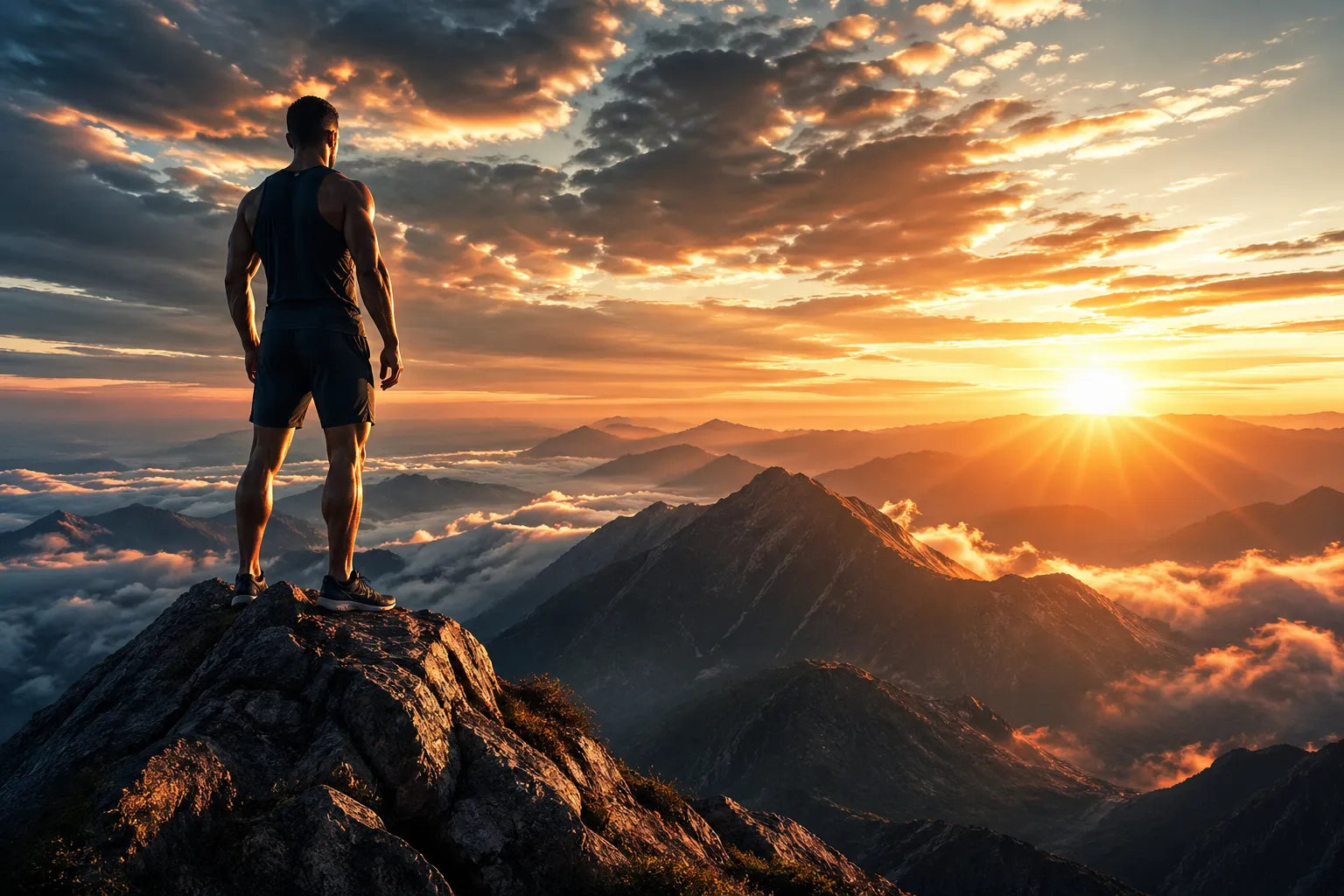 Homem atlético em pé no topo de uma montanha ao amanhecer, observando o horizonte iluminado pelo sol entre nuvens e vales