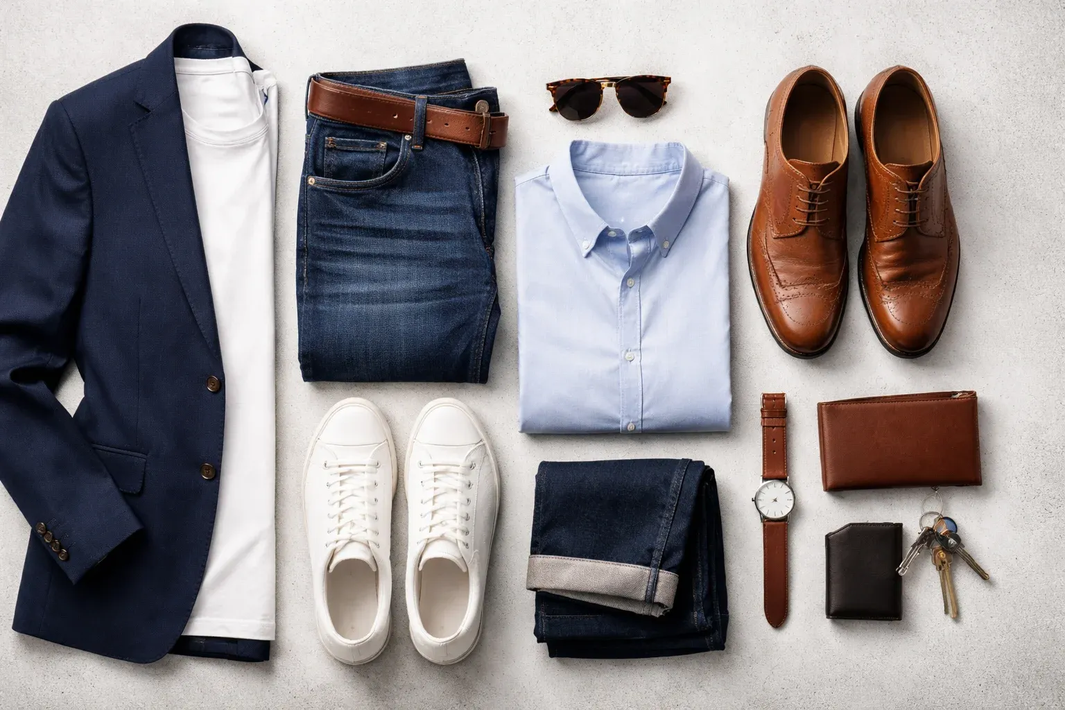 Conjunto masculino en composición plana con blazer azul marino, camiseta blanca, jeans oscuros, zapatillas blancas y accesorios marrones sobre fondo gris.
