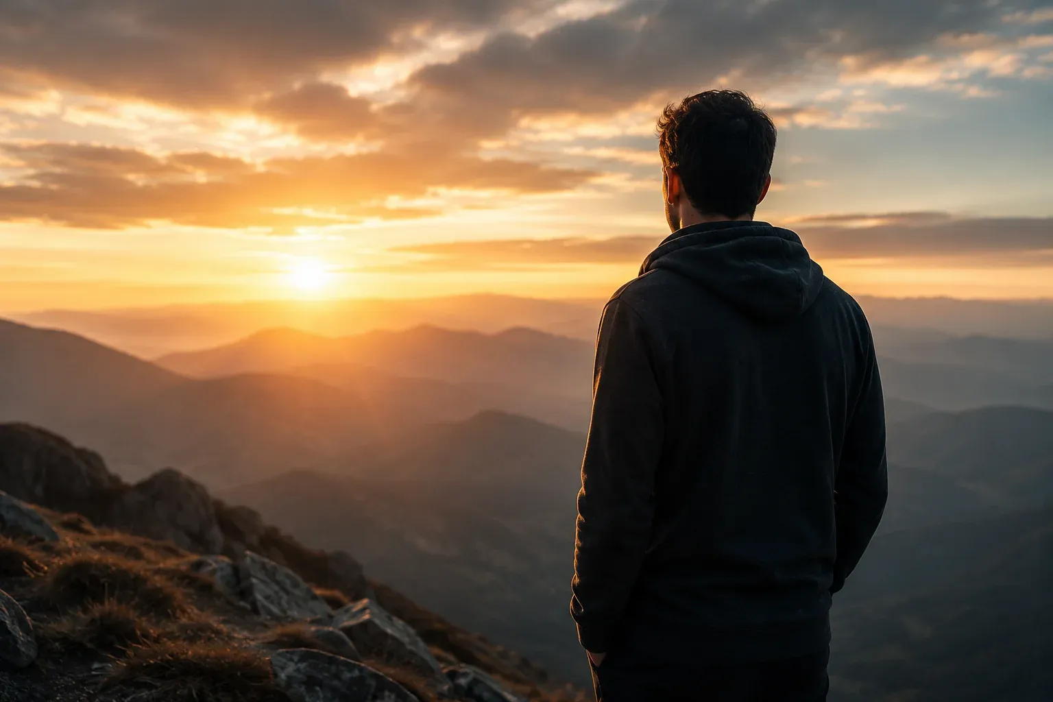 Man standing on a mountain peak at sunrise overlooking a vast landscape, symbolizing reflection, calm, and inner confidence.