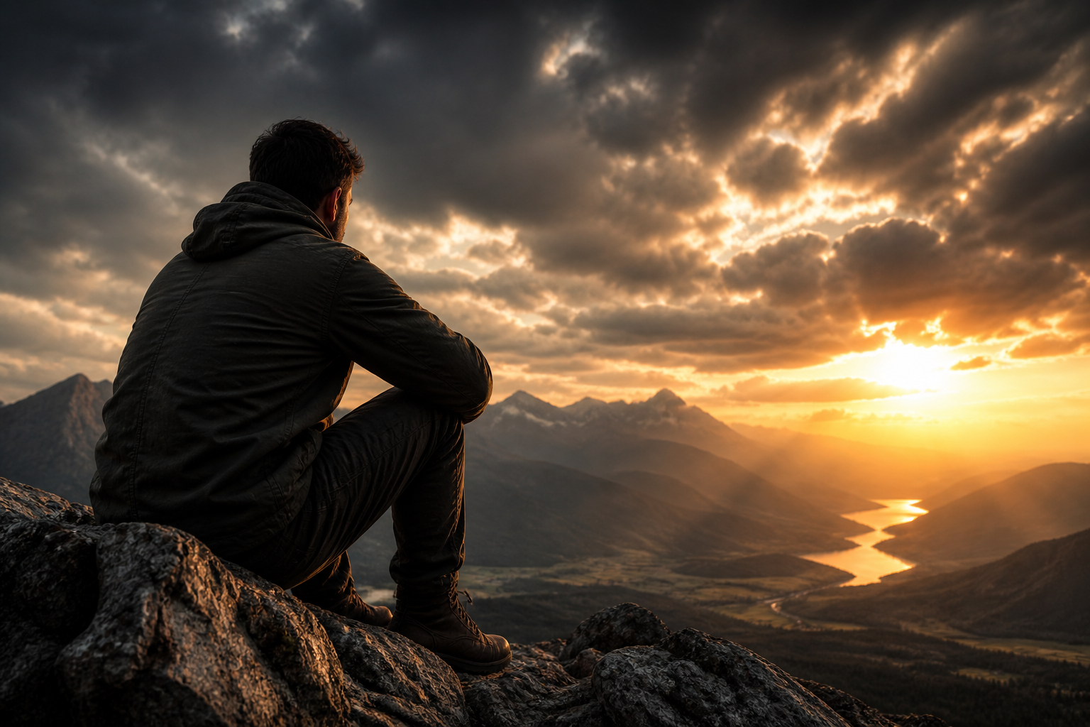 A solitary man sits on a rocky cliff overlooking a vast mountain valley at sunset, with dramatic clouds and golden light illuminating a winding river below.
