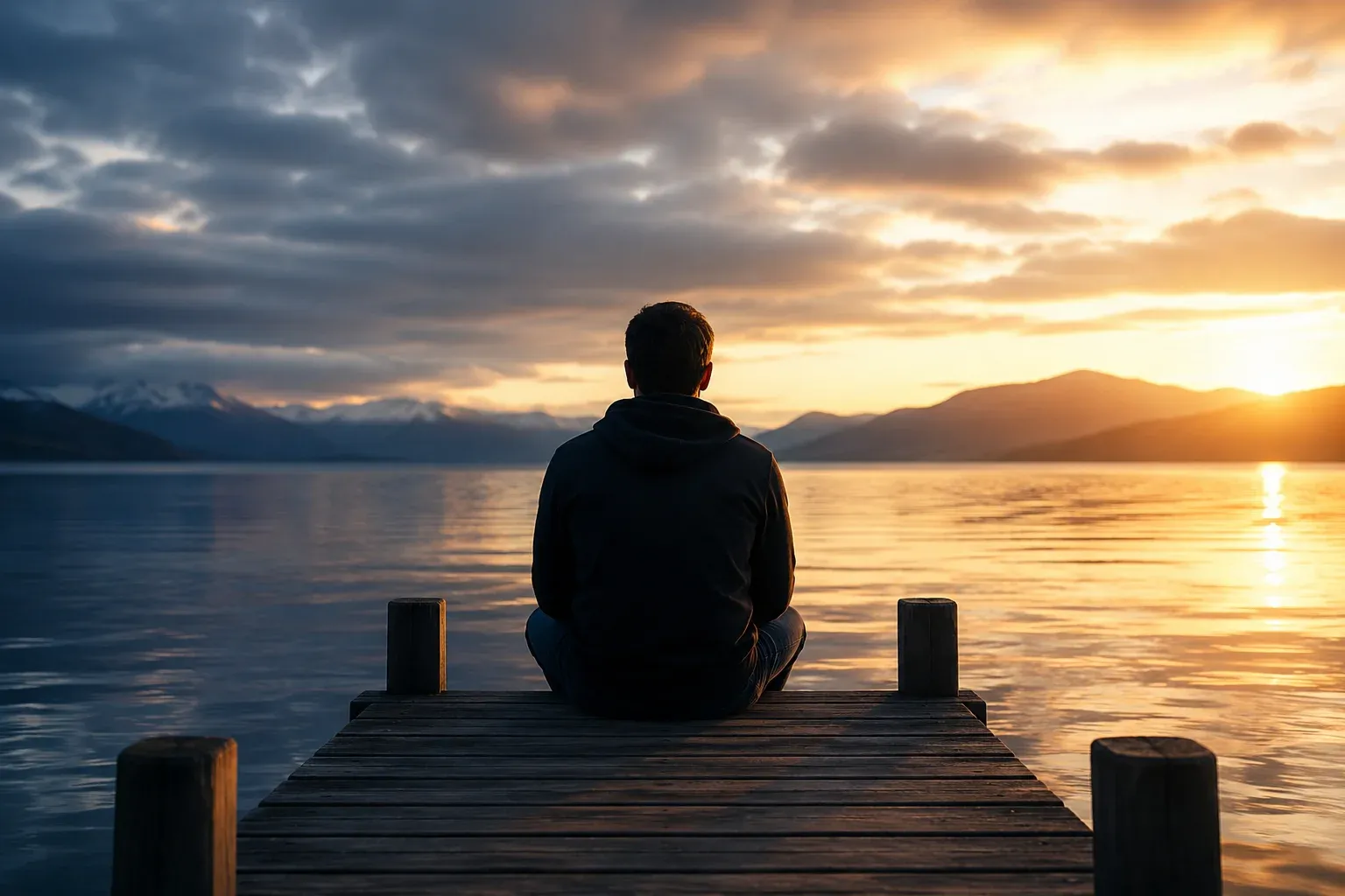 A lonely man sitting on a wooden dock at sunset, looking across a calm lake under dramatic clouds, symbolizing modern male loneliness and emotional reflection.