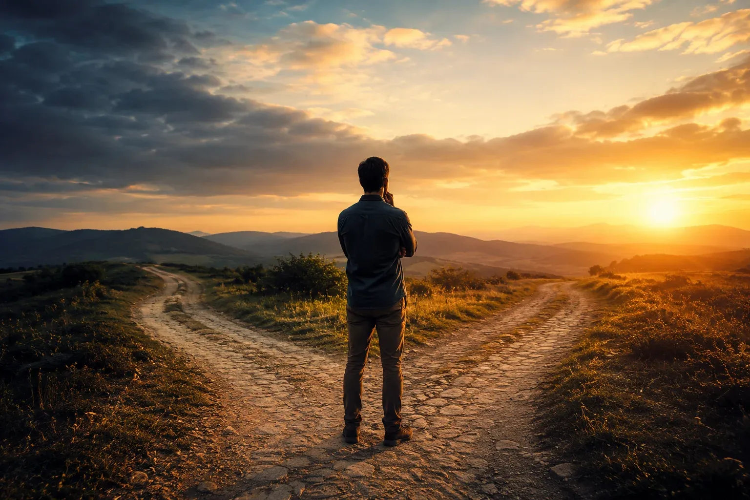 Homem parado diante de uma bifurcação em uma estrada rural ao pôr do sol, refletindo sobre escolhas e tomada de decisões em meio a uma paisagem ampla e iluminada.