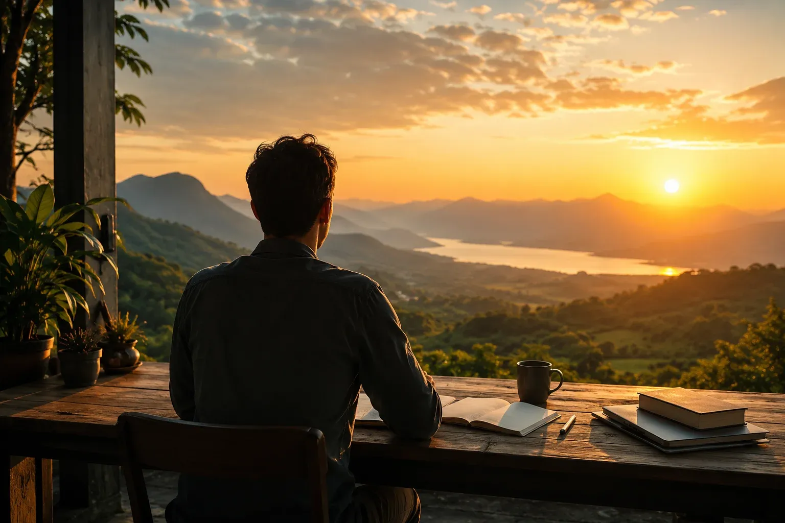 Homem sentado diante de uma mesa de madeira observando o nascer do sol sobre montanhas e um vale, simbolizando reflexão, propósito, produtividade e crescimento pessoal.