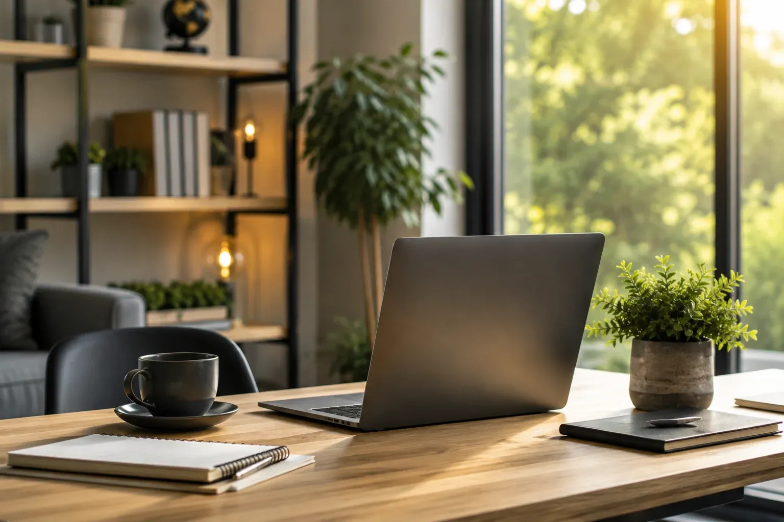 Espaço de trabalho moderno em home office com laptop sobre mesa de madeira, caderno, café e planta decorativa iluminados por luz natural.