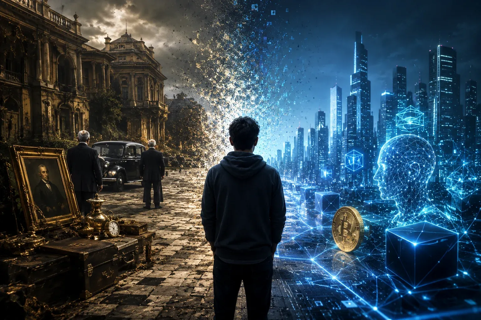 Homem observando a transição entre riqueza tradicional em decadência e um futuro digital dominado por inteligência artificial e criptomoedas.