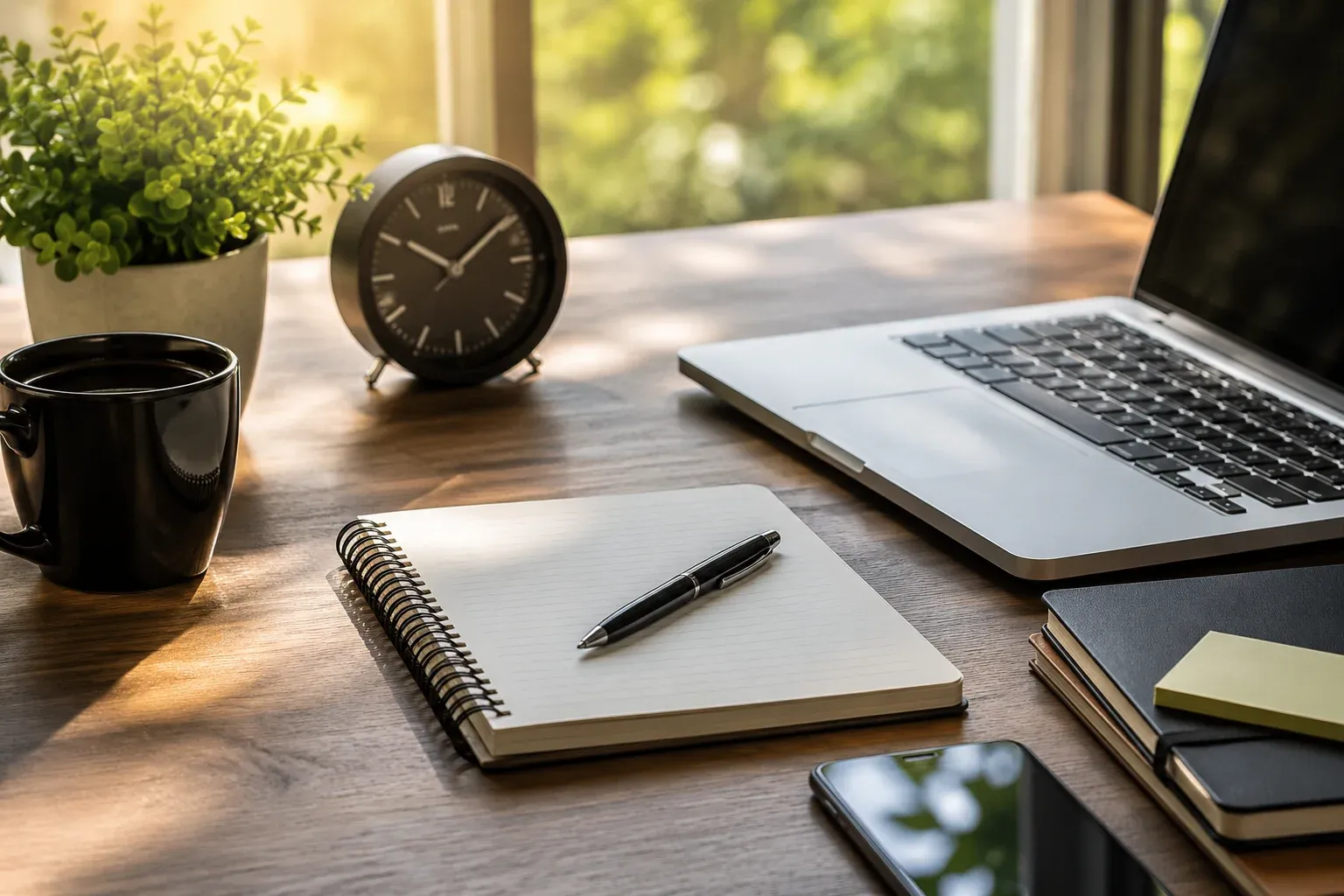 Mesa de trabalho organizada com notebook, caderno, caneta, café e relógio, iluminada pela luz natural da manhã, representando foco e produtividade.