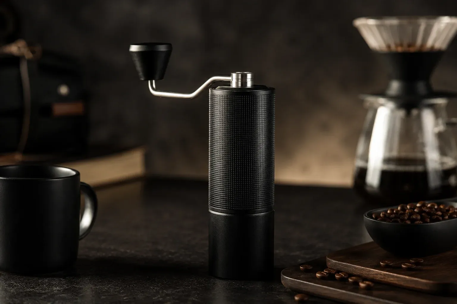 TIMEMORE Chestnut C3S manual coffee grinder displayed in a premium coffee bar setting with coffee beans and pour-over brewing equipment.