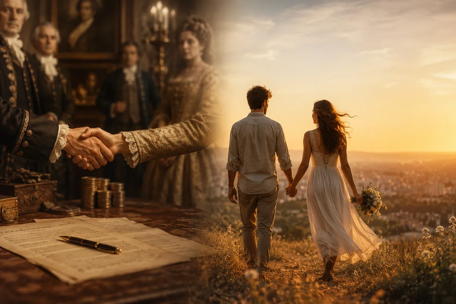 Imagem dividida entre um acordo matrimonial tradicional, com documentos e riqueza, e um casal caminhando de mãos dadas ao pôr do sol, simbolizando o amor romântico moderno.