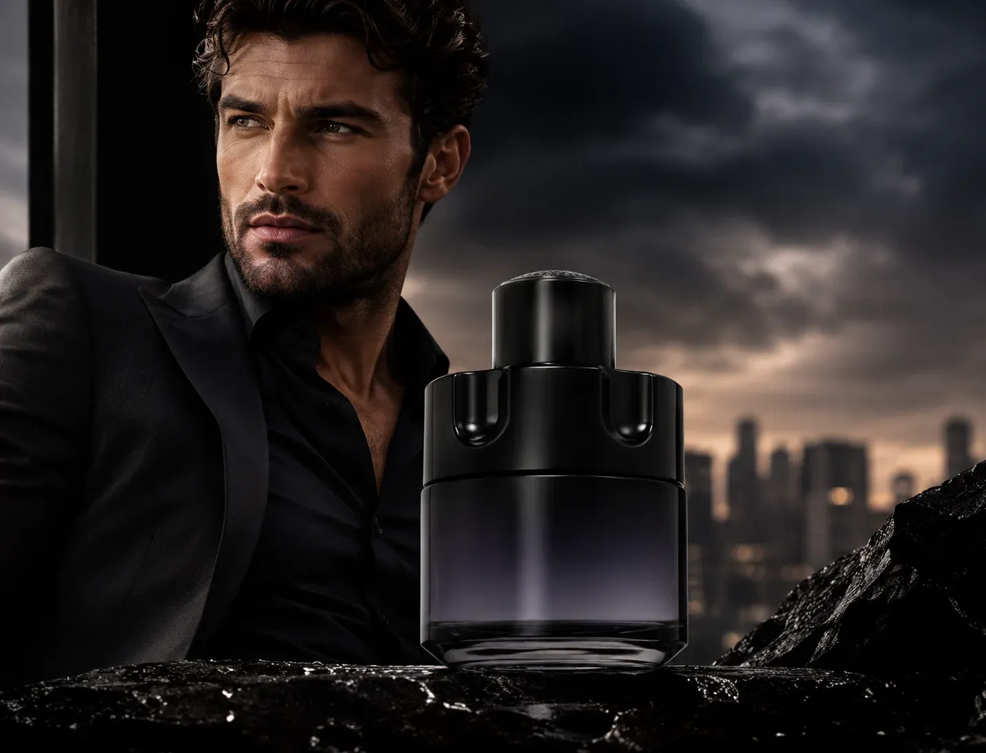 Luxury men's fragrance advertisement featuring a confident, well-dressed man in a black suit beside a dark perfume bottle, set against a dramatic city skyline under stormy clouds. 