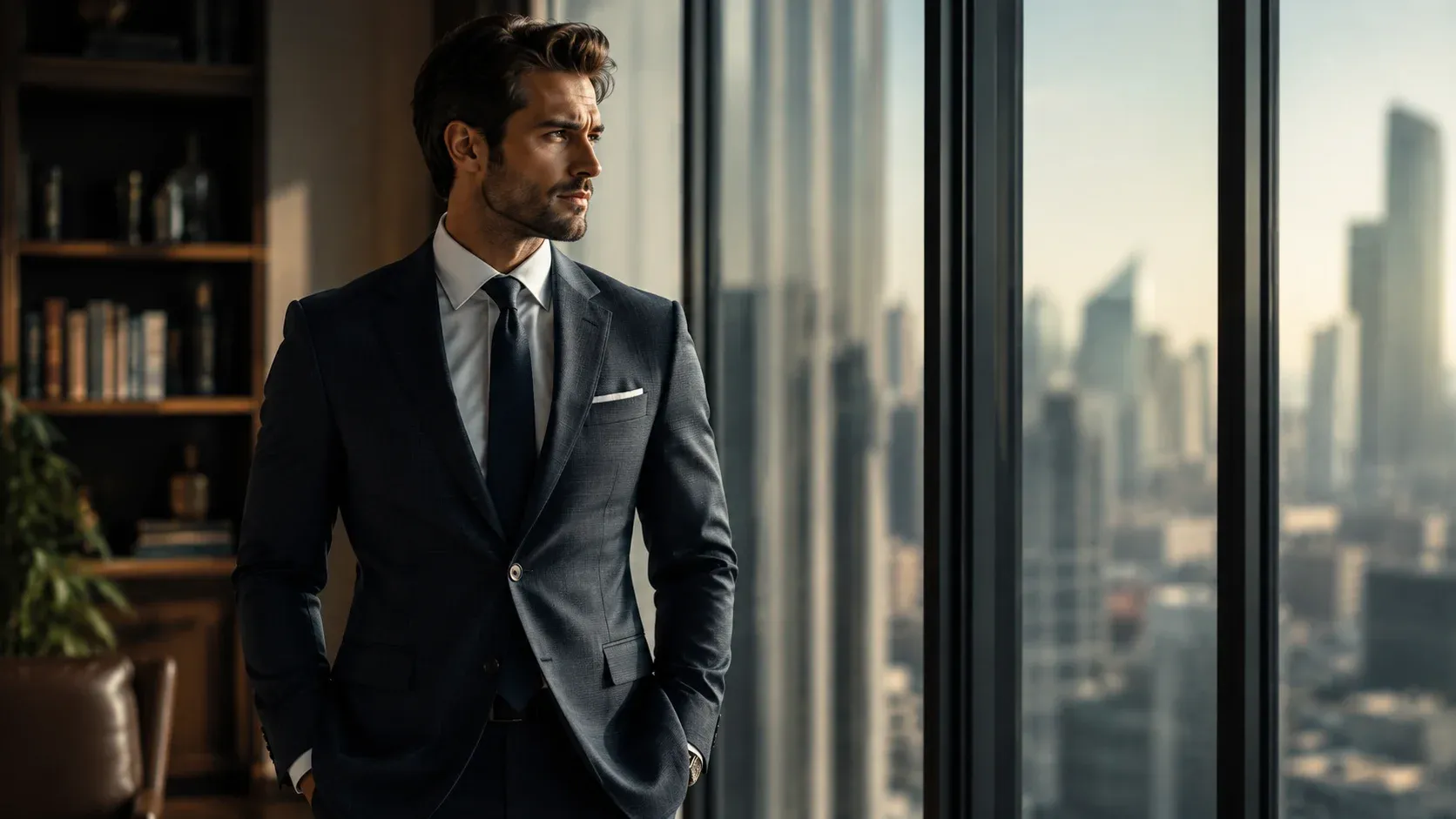 Uomo elegante in abito sartoriale scuro osserva la città da un ufficio moderno, rappresentando sicurezza, leadership e autorevolezza.