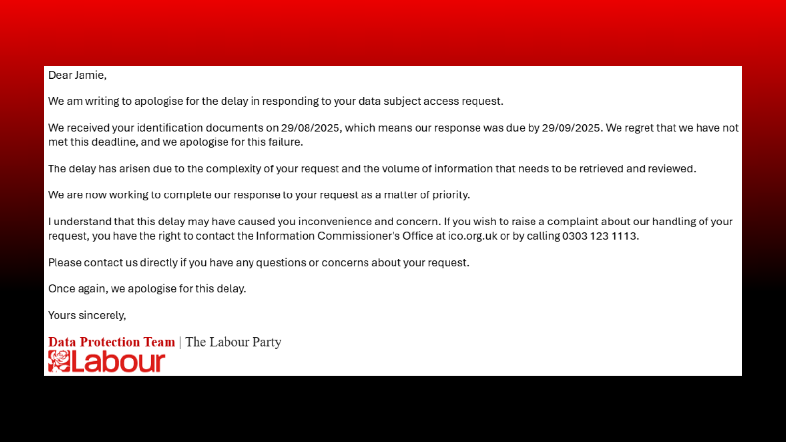An email sent to me in November from the party's Data Protection Team