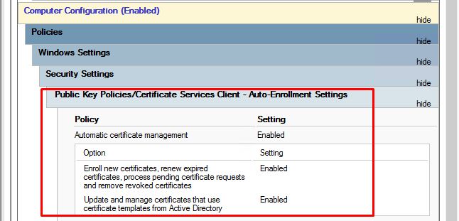 ADCS: Setting up domain-joined device certificate auto-enrolment for all, or specific, devices.