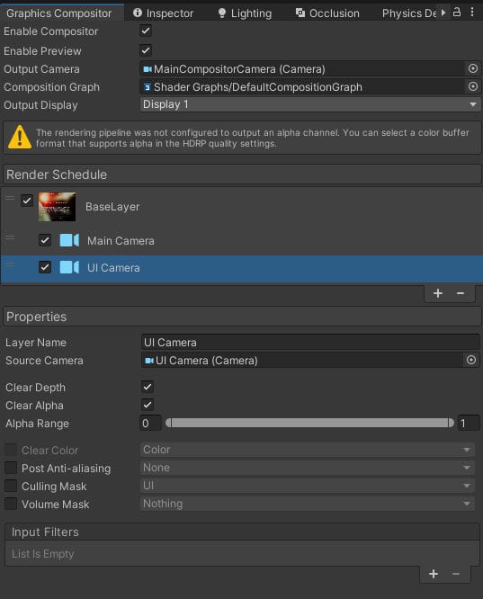 A screenshot of the Graphics Compositor in Unity's HDRP pipeline.