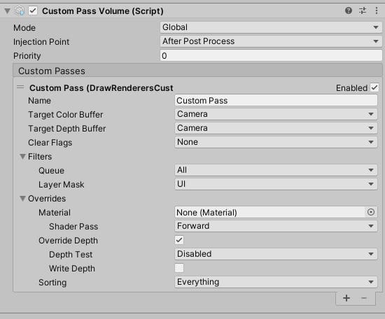 A screenshot of the inspector in Unity for a Custom Pass Volume component.