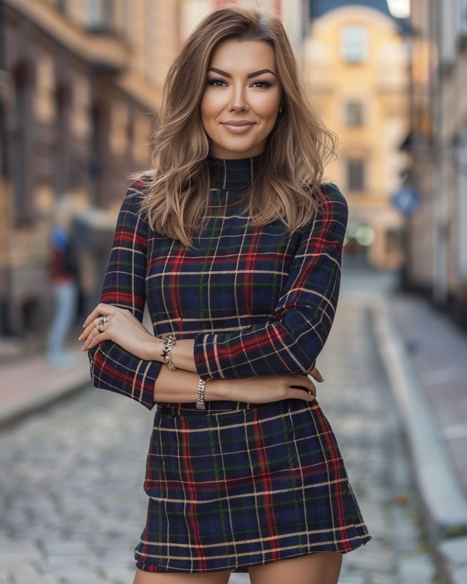 Woman in a plaid dress