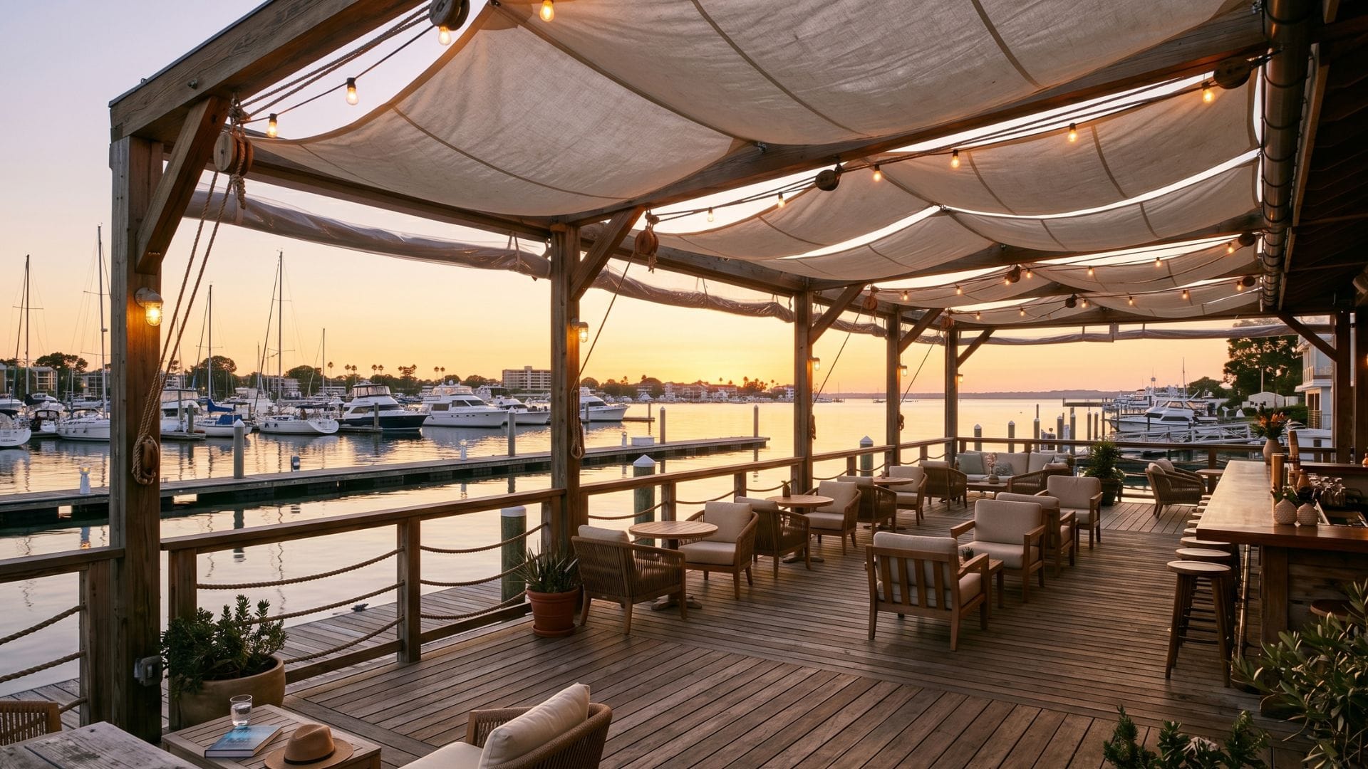The Open Deck — DSL Harbor marina at golden hour