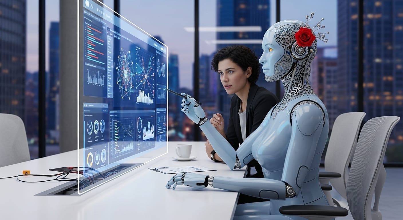 Humanoid and human behind transparant screen - AI generated image