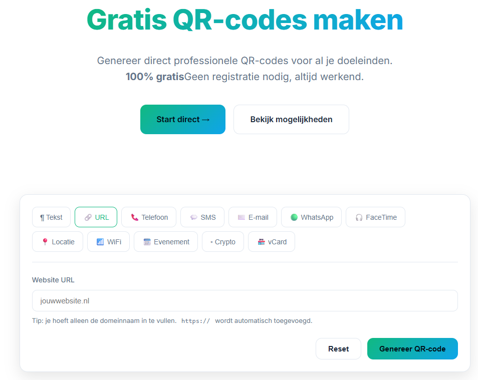 screenshot www.qrstudio.nl De interface van QR Studio: simpel en zonder inlog