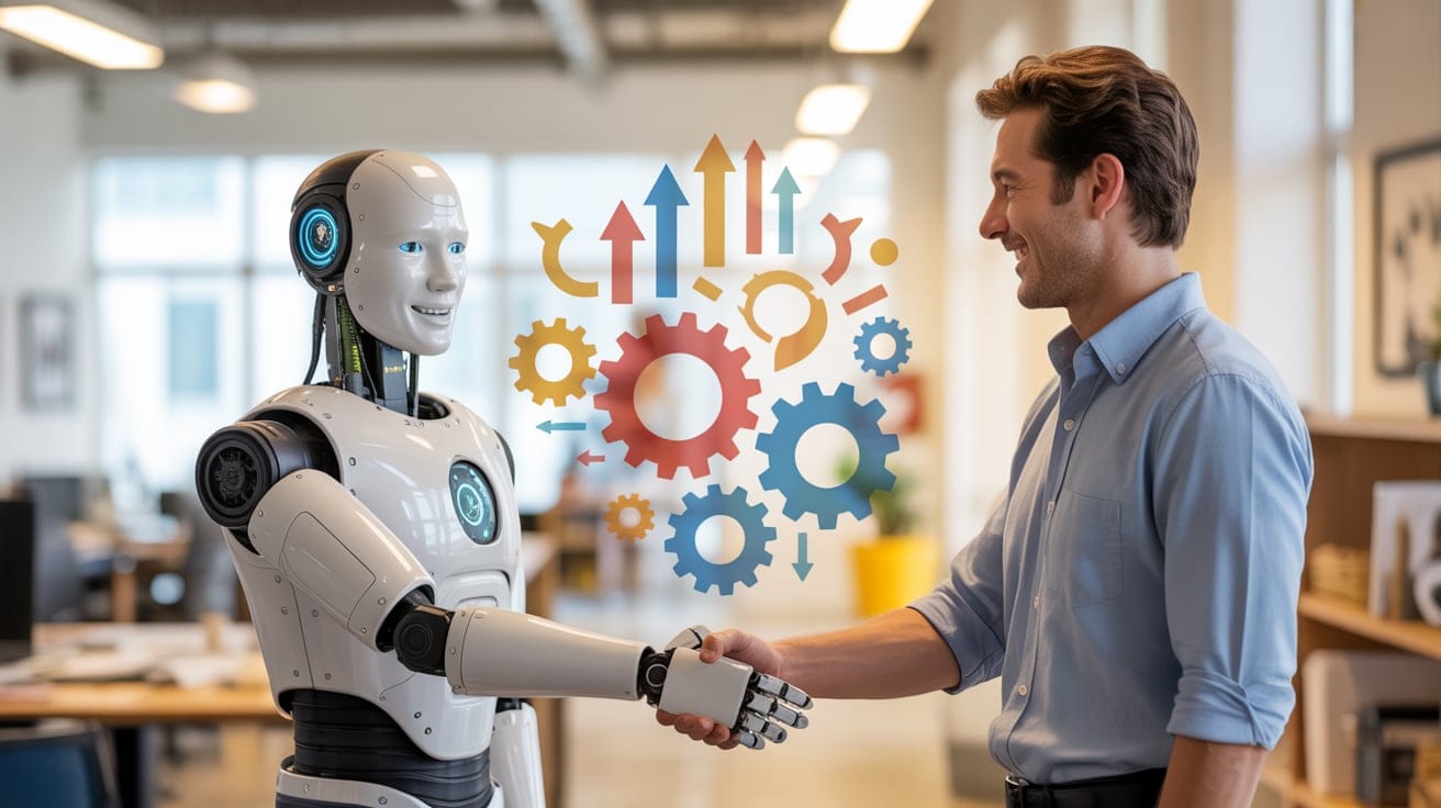 humanoid shaking hands with human - taking away resistance against AI