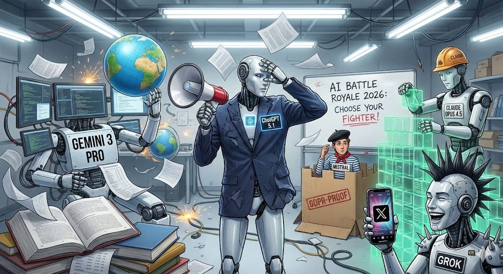 A candid, wide-angle photograph of a chaotic, slapstick brawl inside a cluttered futuristic tech lab in the year 2026 between LLMs. ai generated.