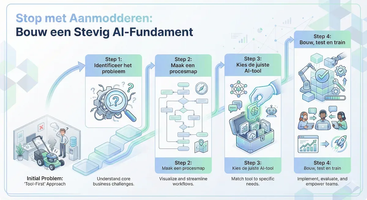Infographic titled 'Stop met Aanmodderen: Bouw een Stevig AI-Fundament'. It is a clean, professional visual guide using soft blues and greens to outline a four-step framework for successful AI implementation. Starting with the initial problem of a "tool-first" approach (illustrated by a lawnmower in an office), it progresses through an ascending path of steps: 1. Identificeer het probleem (Identify the problem); 2. Maak een procesmap (Create a process map); 3. Kies de juiste AI-tool (Choose the right AI tool); and 4. Bouw, test en train (Build, test, and train). Each step is accompanied by relevant icons like a magnifying glass, a flowchart, a toolbox, and a collaborative team.